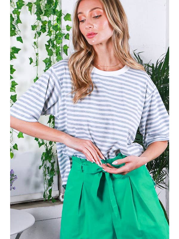 Vine & Love - Wholesale Knit Top - Women's - Crew Neck Short Sleeve Striped Knit T-Shirt Top VT81762