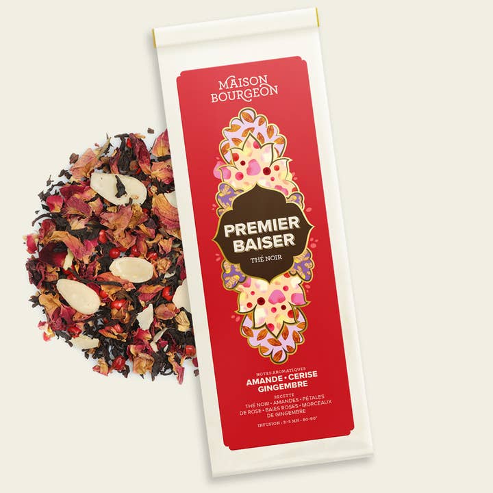 Almond, cherry, ginger “First Kiss” black tea for wholesale by Maison Bourgeon