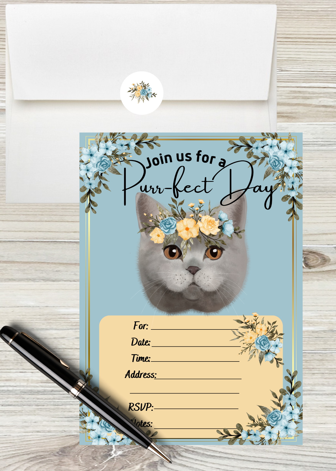 LM Studioz - Wholesale Invitations - Floral Cat Party Invitations comes with Envelopes + Stickers0