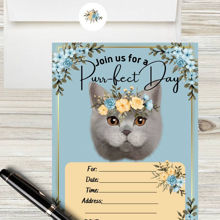 LM Studioz - Wholesale Invitations - Floral Cat Party Invitations comes with Envelopes + Stickers