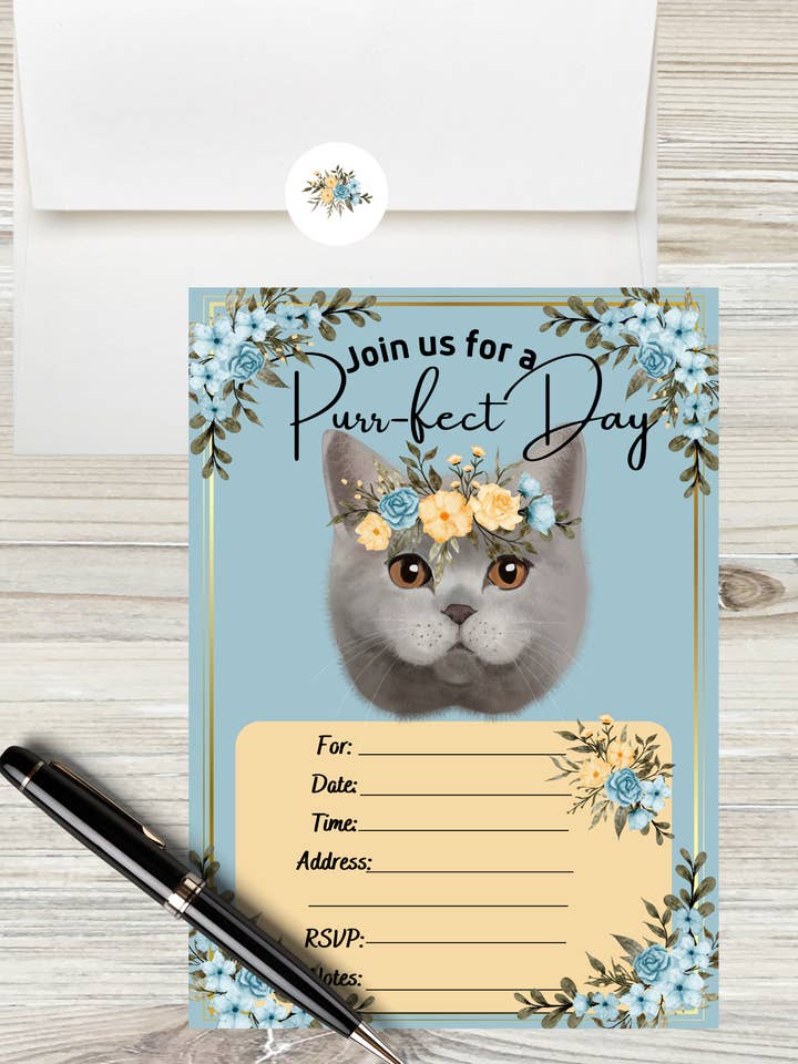 Floral Cat Party Invitations comes with Envelopes + Stickers for wholesale by LM Studioz