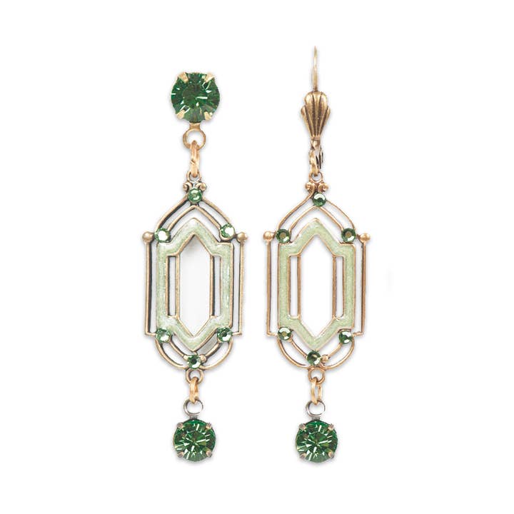 Green Openwork Frame with Crystal Droplet Earrings for wholesale by Anne Koplik Designs, Inc.