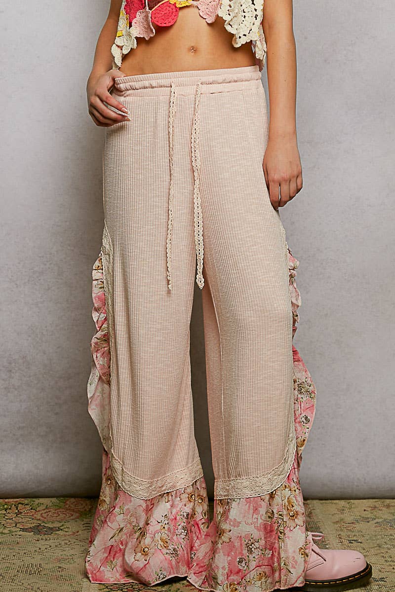 Pol Clothing - Wholesale Pants - Women's - Floral Pattern Ruffle Detail Ribbed Knit Pants29