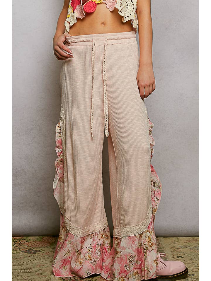 Pol Clothing - Wholesale Pants - Women's - Floral Pattern Ruffle Detail Ribbed Knit Pants29