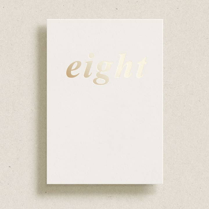 'eight' gold foil greeting card for wholesale by Gardners Road