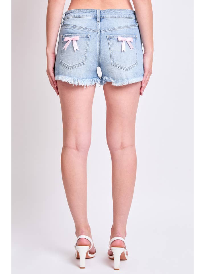 Light Medium Wash Mid Rise Frey Hem Short with Satin Bow for wholesale on Faire