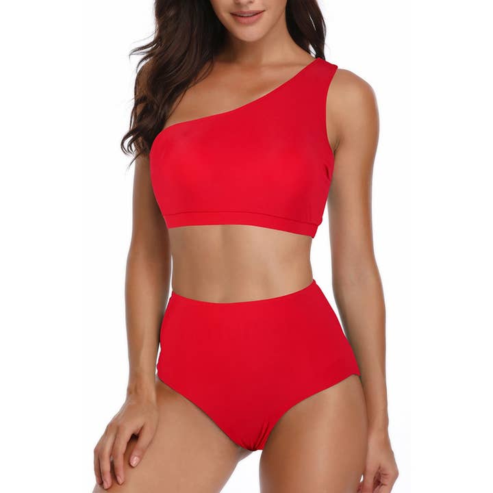Solid Two Pieces One Shoulder High Cut Swimsuit for wholesale by Supreme Fashion