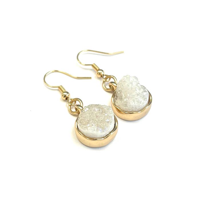 Round Dangle Natural Druzy Stone Handmade Earrings White for wholesale by Fiona Accessories
