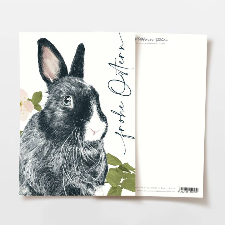 Cartolina di Pasqua con coniglio e fiori di ciliegio rosa, carta FSC per la vendita all'ingrosso da parte di Wildblumen Atelier
