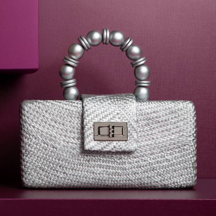 Julfestväska - Silver Buntalhalm med Pärlhandtag för wholesale av Soli & Sun