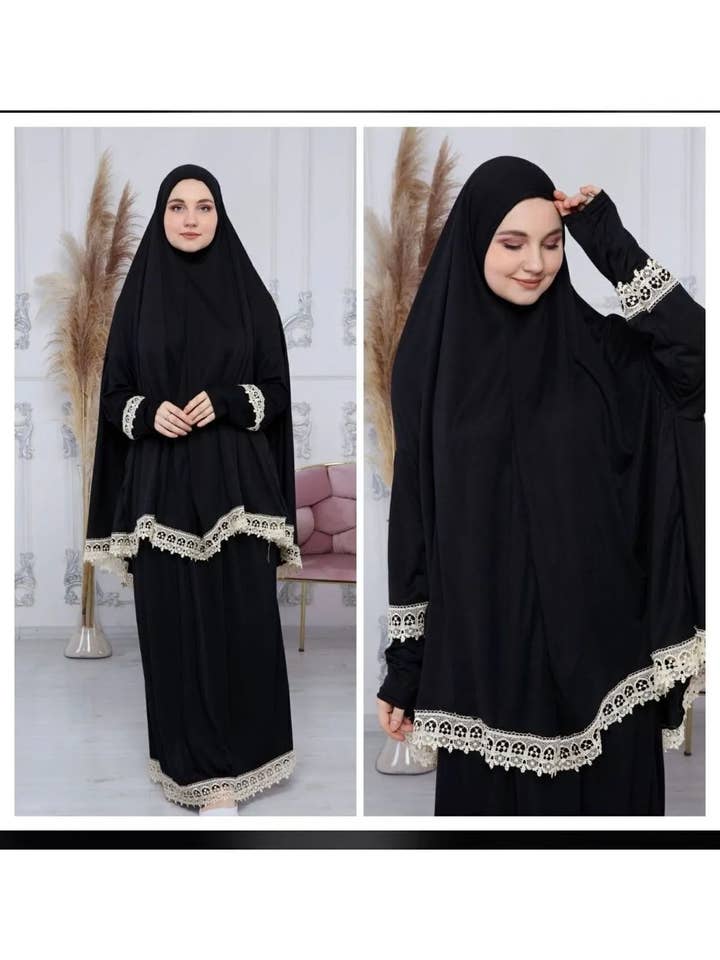 Meyran - Vendita all'ingrosso Vestito - Donna - Abaya Due Pezzi con Gonna e Sciarpa Incorporata - Adatta per la Preghiera5