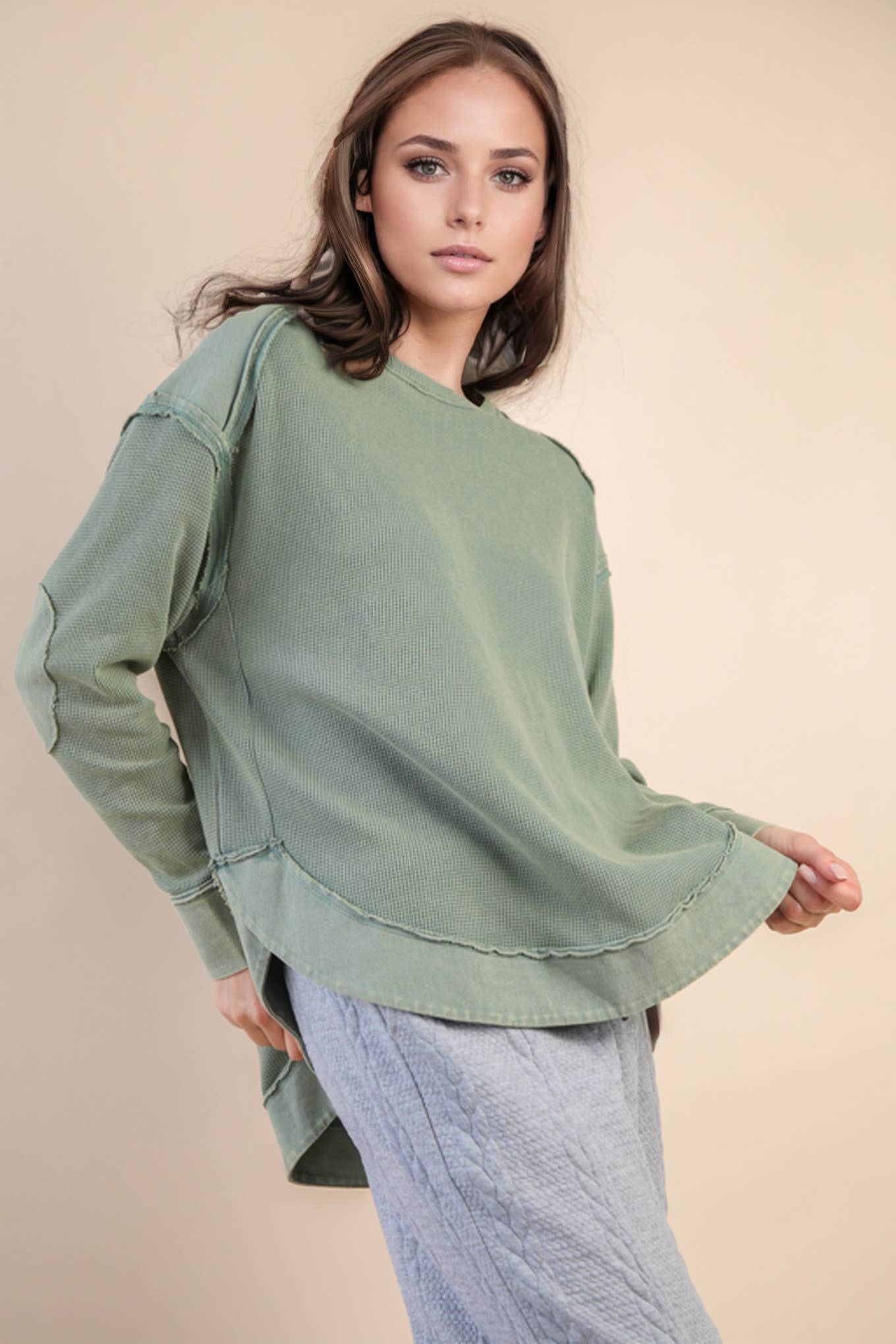 VERY J - Wholesale Knit Top - Women's - NT12234-Mineral Washed Elbow Patch Contrast Knit Top10