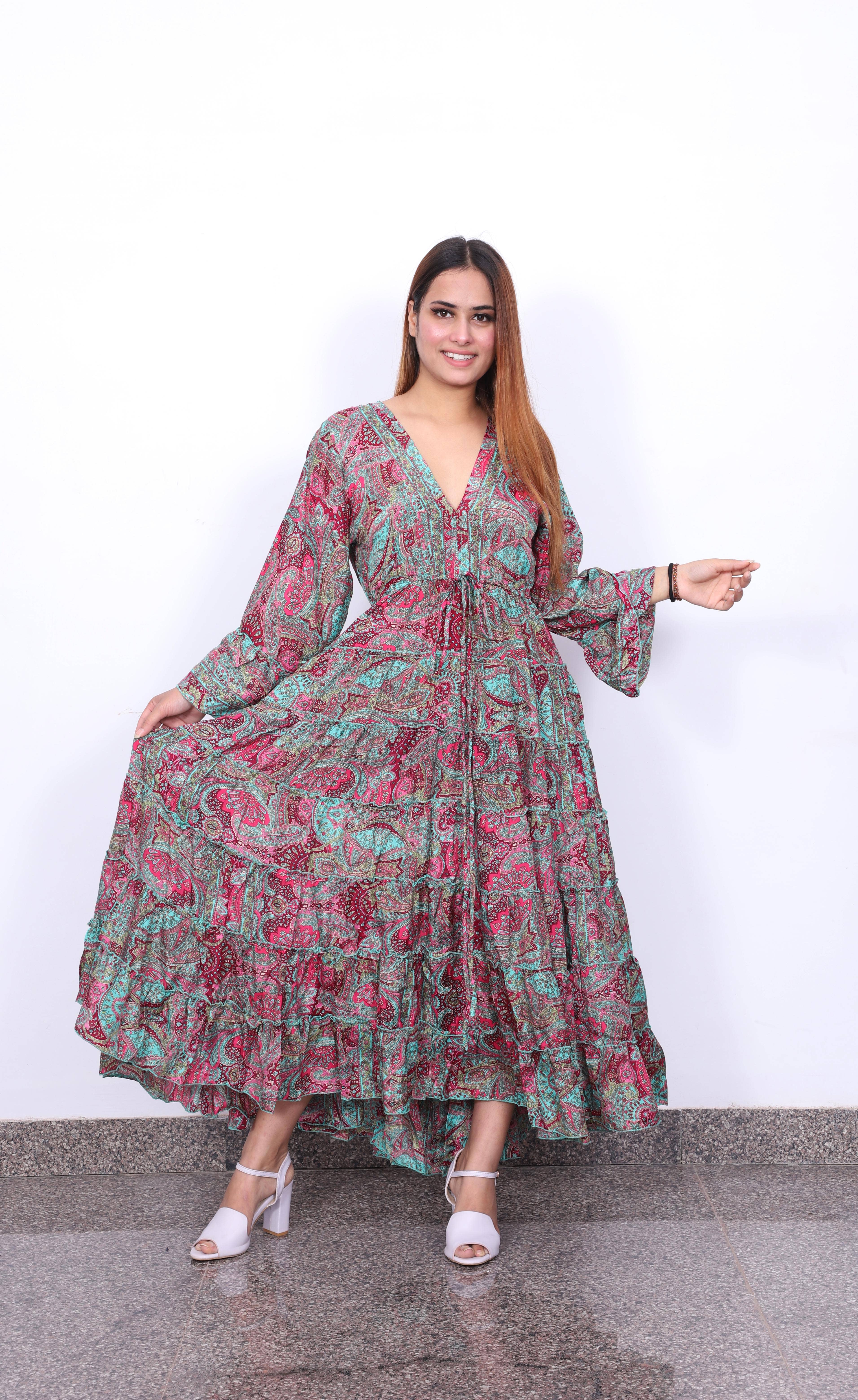 Humanity Centred Designs – wholesale Dress – Women's – V neck Full length printed frill dress with flared Sleeve2