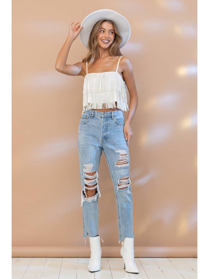 RED 32247T - Satin Base Studded Tiered Fringe Cami Top for wholesale on Faire19