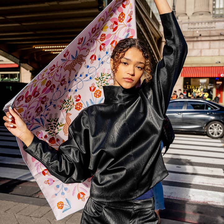 Jessie Zhao New York – wholesale Scarf – Women's – Double Sided Wool Silk Scarf Of Pink Blossom Jungle3