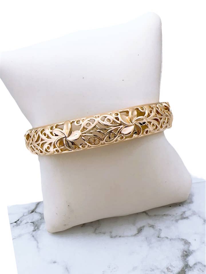 Plumeria Flower 12MM Hawaiian Hamilton Gold open Bracelet  for wholesale by Anela's Jewelry