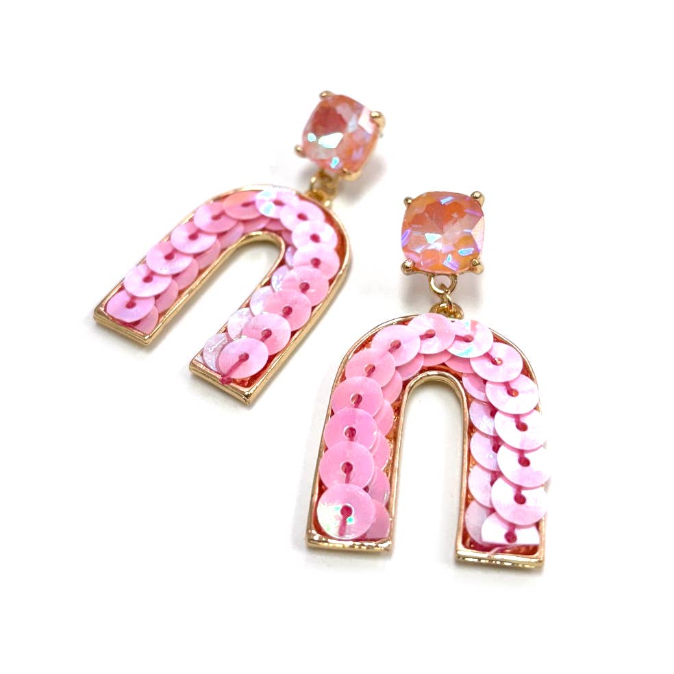 StarryNYC - Wholesale Dangle Earrings - Cushion Cut Stone Post with Arch Sequin Dangle Earrings4