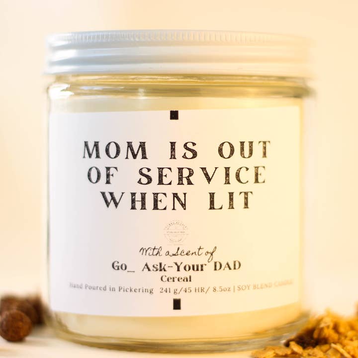 MOM IS OUT OF SERVICE | 10 OZ | CLEAR GLASS JAR | Soy Candle for wholesale by Curry People Candle Co
