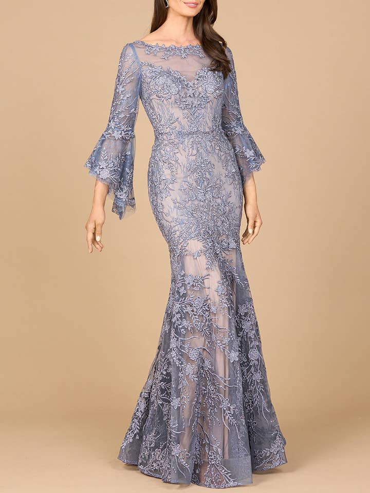 Illusion Neck, Long Bell Sleeve Gown for wholesale by Lara New York