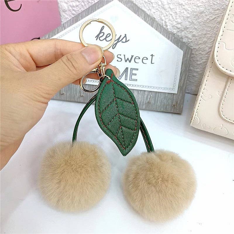 FurDecoration - Vendita all'ingrosso Portachiavi - Donna - Portachiavi soffice a pompon con pelo di coniglio Rex a forma di ciliegia4
