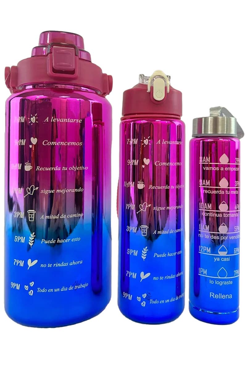 Cap Zone - Wholesale Water Bottle - Metallic Ombre 3 PC Sippy Straw Tumbler Water Bottle Cup Set2