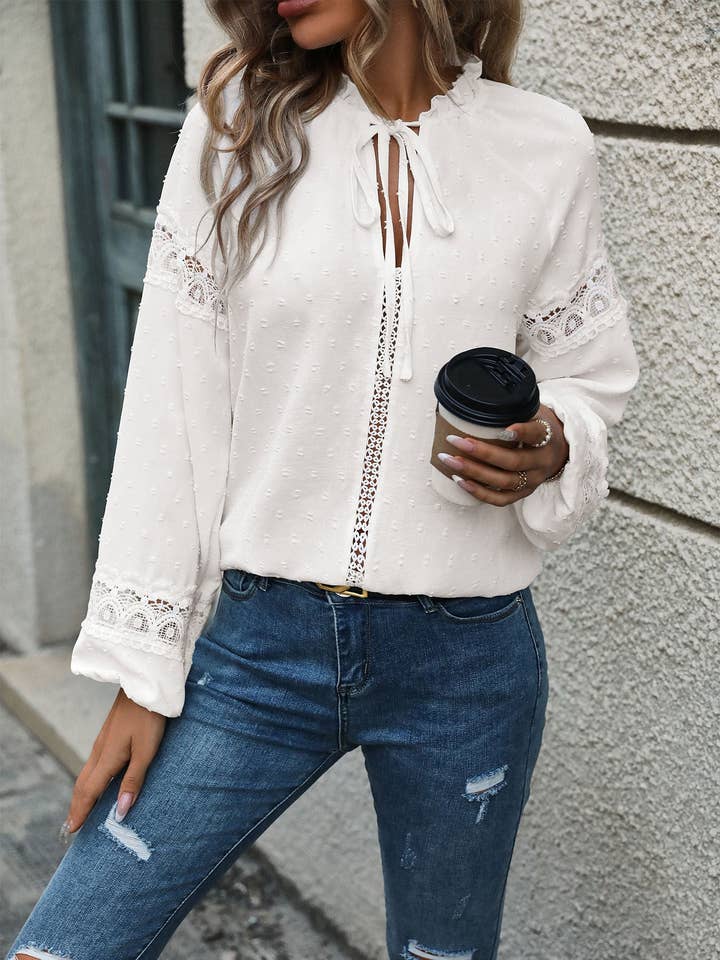 White Long Sleeve Splicing Jacquard Shirt Women for wholesale on Faire