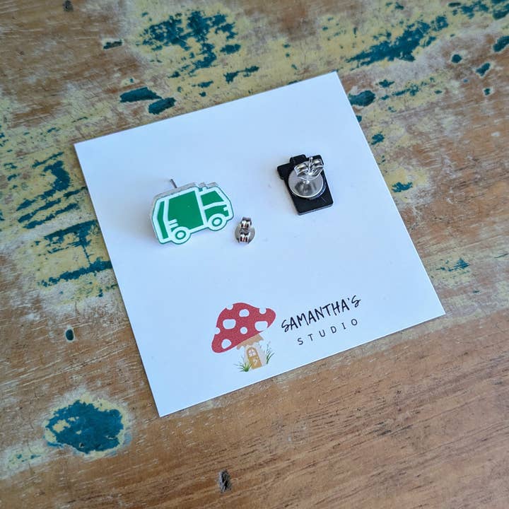 Samantha's Studio - Wholesale Stud/post earrings - Garbage Truck and Bin stud earrings, trash bin3