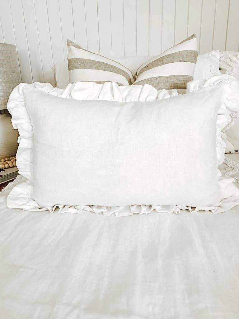 Linen Lumbar Ruffle Cushion Cover - White for wholesale by Mama and Tochter