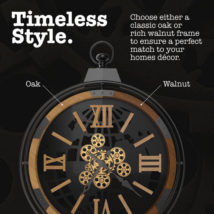 Driini - Wholesale Wall Clock - Driini Large Rustic Gear Clock with Moving Gears (Oak)
