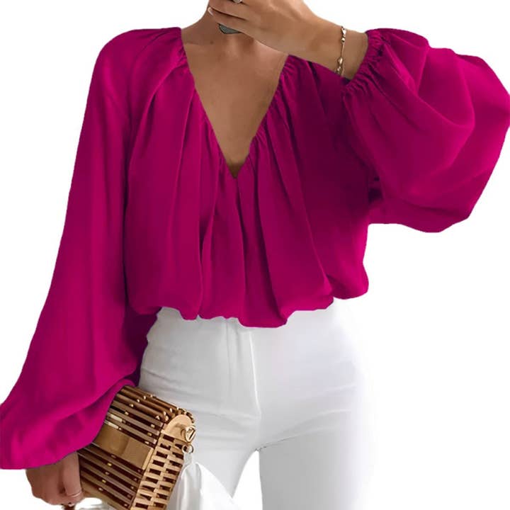 Chicto - Wholesale Blouse - Women's - Printed V-Neck Long Sleeve Shirt Elegant Women's Loose Solid