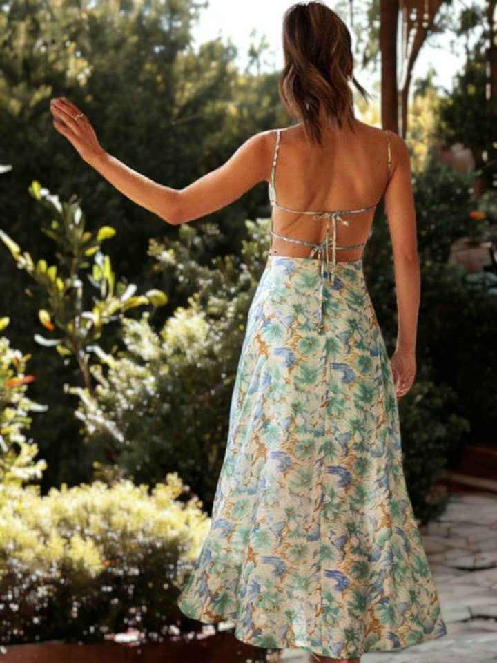Green Floral Printed Spaghetti Strap Backless Slit Maxi Dress for wholesale on Faire4