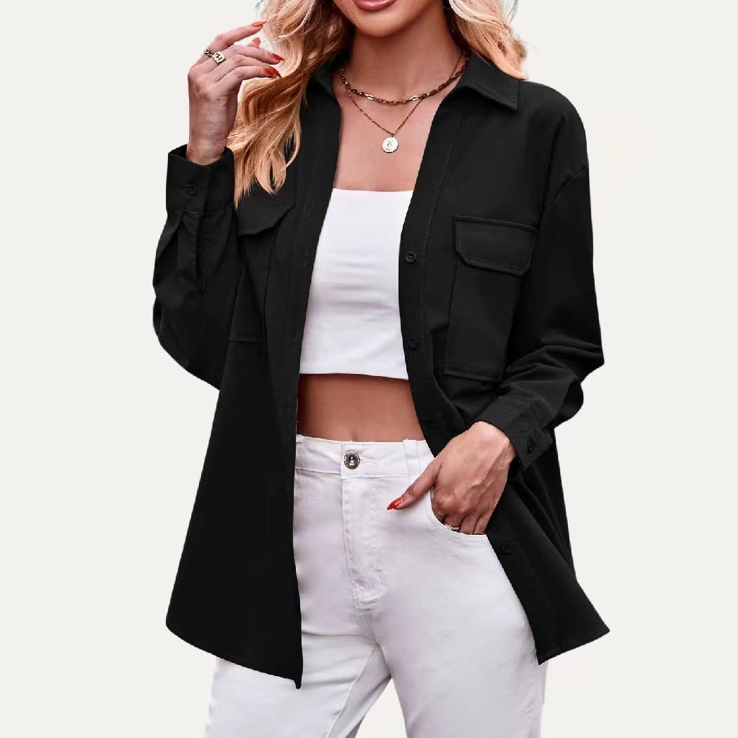 The Moment Collection – Engroshandel Skjorte med buttondown – til kvinder – Tekstureret Ensfarvet Halsudskæring Knap-Down Langærmet Top2