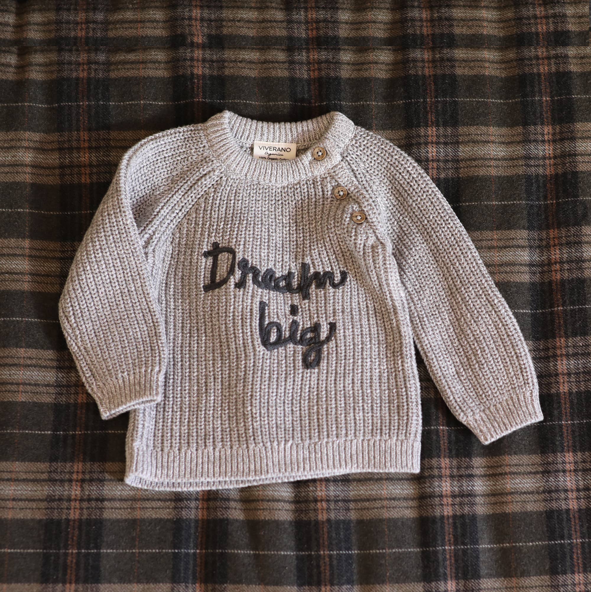 Heather Grey Dream Big Embroidered Chunky Knit Baby Sweater (Organic) for wholesale on Faire3