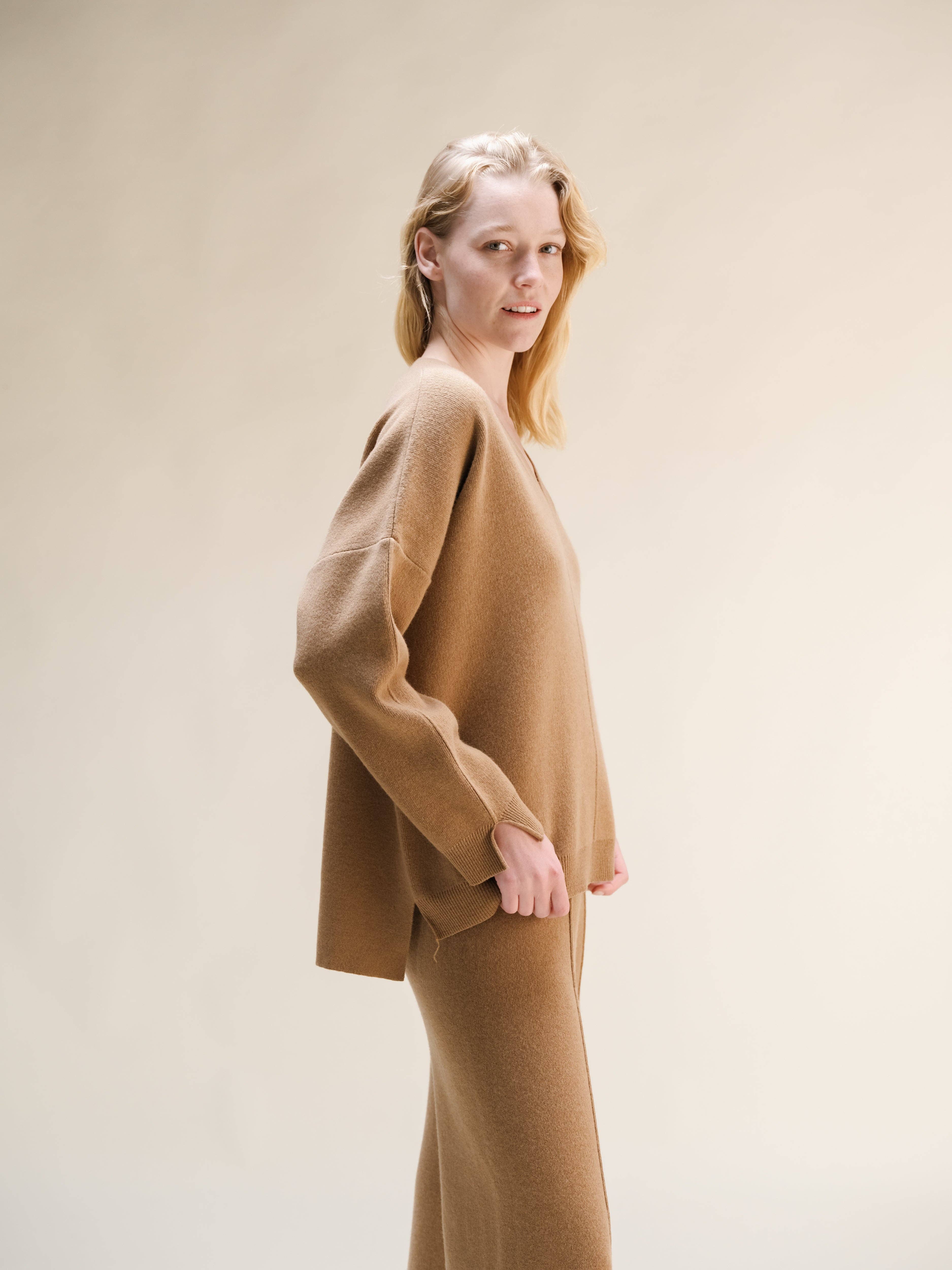 Lèmme - Venta al por mayor Jersey de punto - Mujer - Maxi de Cuello en V Sólido con Mezcla de Cachemira y Aberturas Laterales18