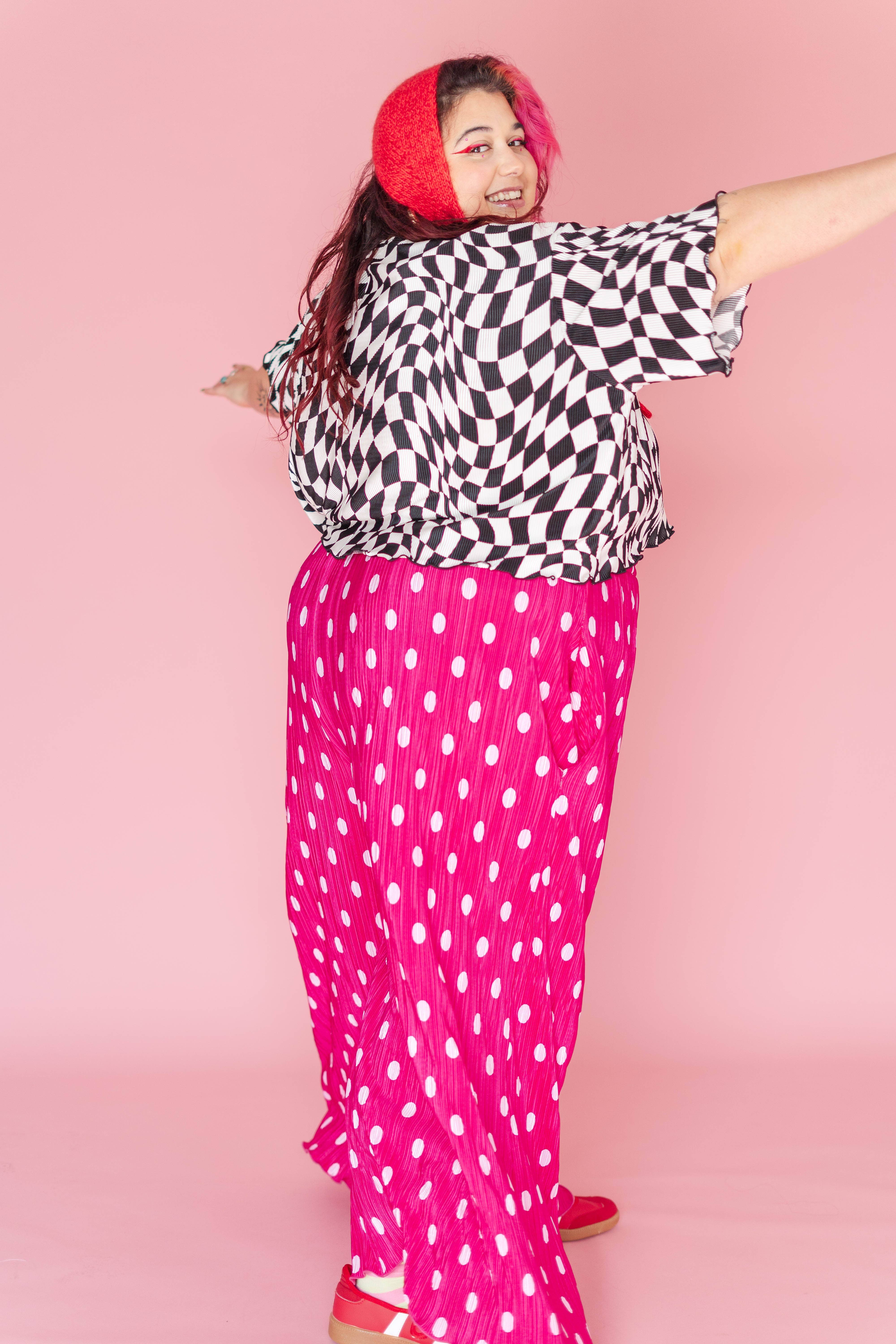 Nettle Studios - Wholesale Pants - Women's - Size Inclusive Hot Pink & White Polka Dot Pleated Flare Pant19