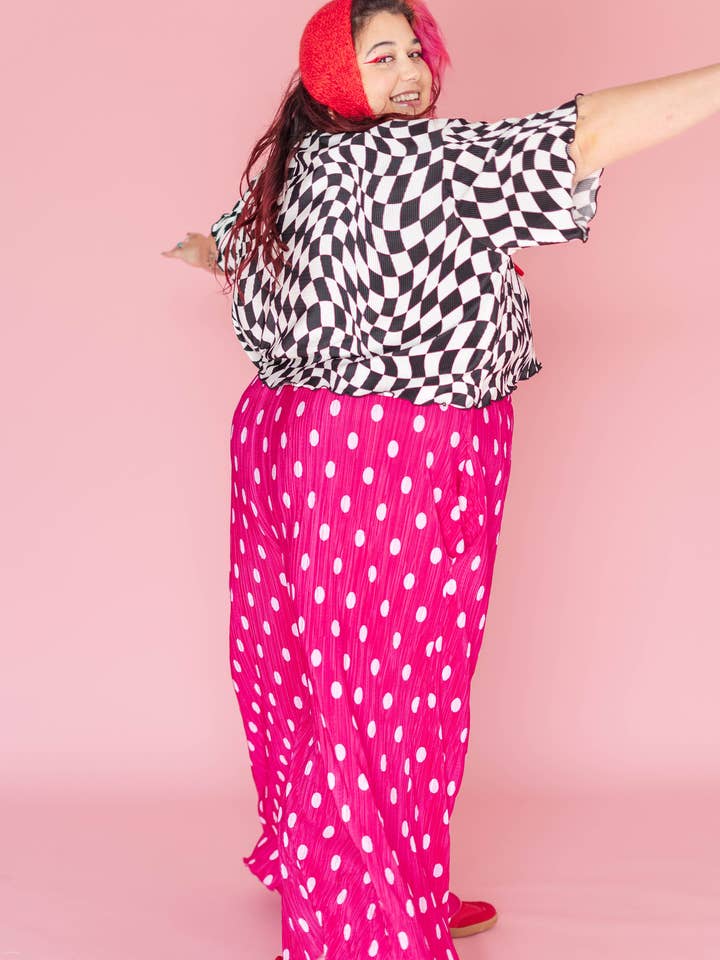 Nettle Studios - Wholesale Pants - Women's - Size Inclusive Hot Pink & White Polka Dot Pleated Flare Pant19