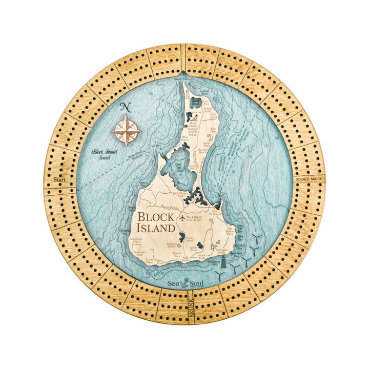 Sea & Soul Nautical Chart Art - Vente Jeux de cartes - Planche de cribbage en bois nautique personnalisée de Block Island15