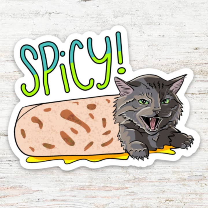 Spicy Purrito Cat Matte Vinyl Sticker for wholesale by Angry Gato Designs