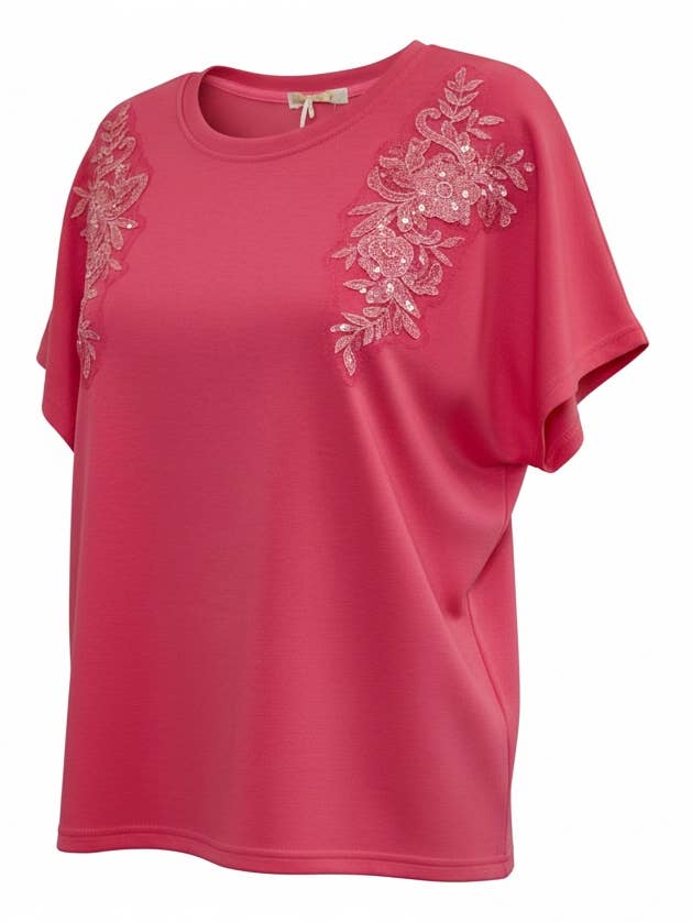 WF2597 PINK JERSEY TOP WITH MESH BEAD AND SEQUIN DETAIL for wholesale by Malissa J Collection