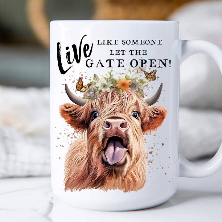 Highland Cow Life Life Gate Open 15 oz Coffee Mug for wholesale by Avery Lane Gifts