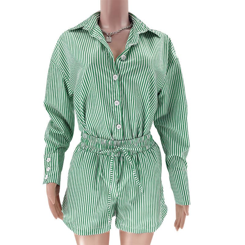 Rosa Clothing - Wholesale Top & Short Set (NOT Loungewear) - Women's - classic striped long sleeve shirt & short set holiday dressy6