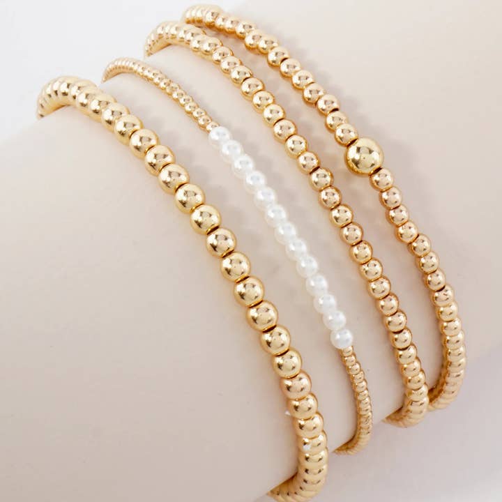 GOLD CREAM 4PC-Set Metallic Beads Pearls Stackable Stretch Bracelets for wholesale on Faire