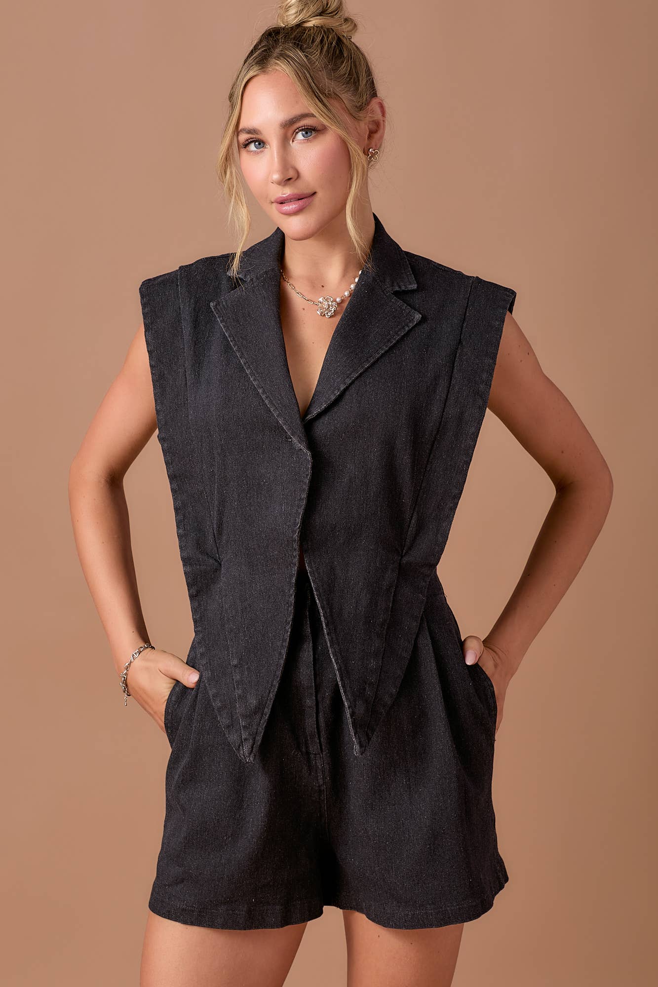 BABY PINK - Wholesale Romper - Women's - Blazer style 2fer denim romper24