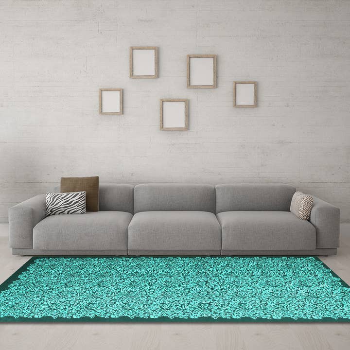 Tapis contemporain de couleur turquoise abstraite lavable en machine pour la vente par Ahgly