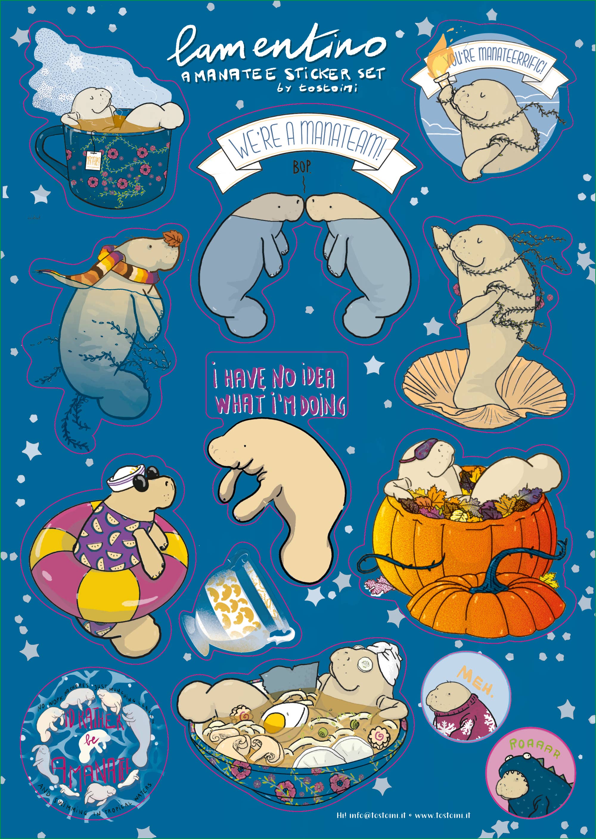 Tostoini - Wholesale Sticker - Manatee Sticker Set A5 sheet 100% cotton4