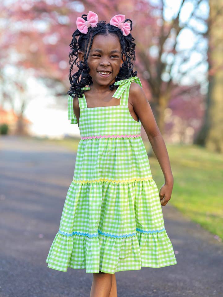 Posh Pickle - Wholesale Dress - Kids - Fore! Girls' Tie Shoulder Gingham Tiered Dress