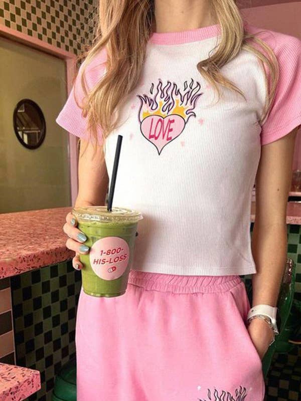 Sweet Spicy Girl Love Raglan-T-Shirt mit farbigem Kontrast und Flammenmuster für den Großhandel von VividLux