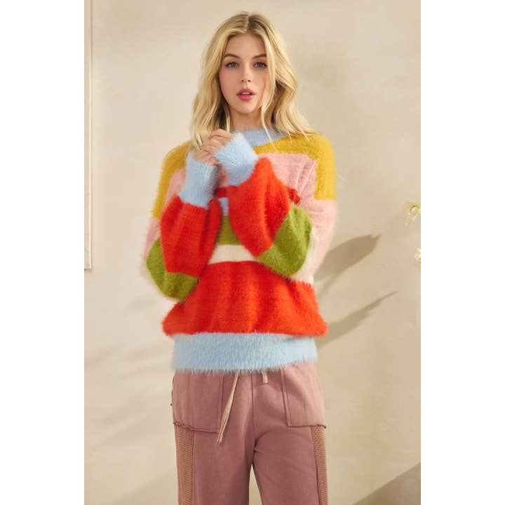 Multi FUZZY RAINBOW STRIPE PULLOVER SWEATER (ST7440) for wholesale on Faire4