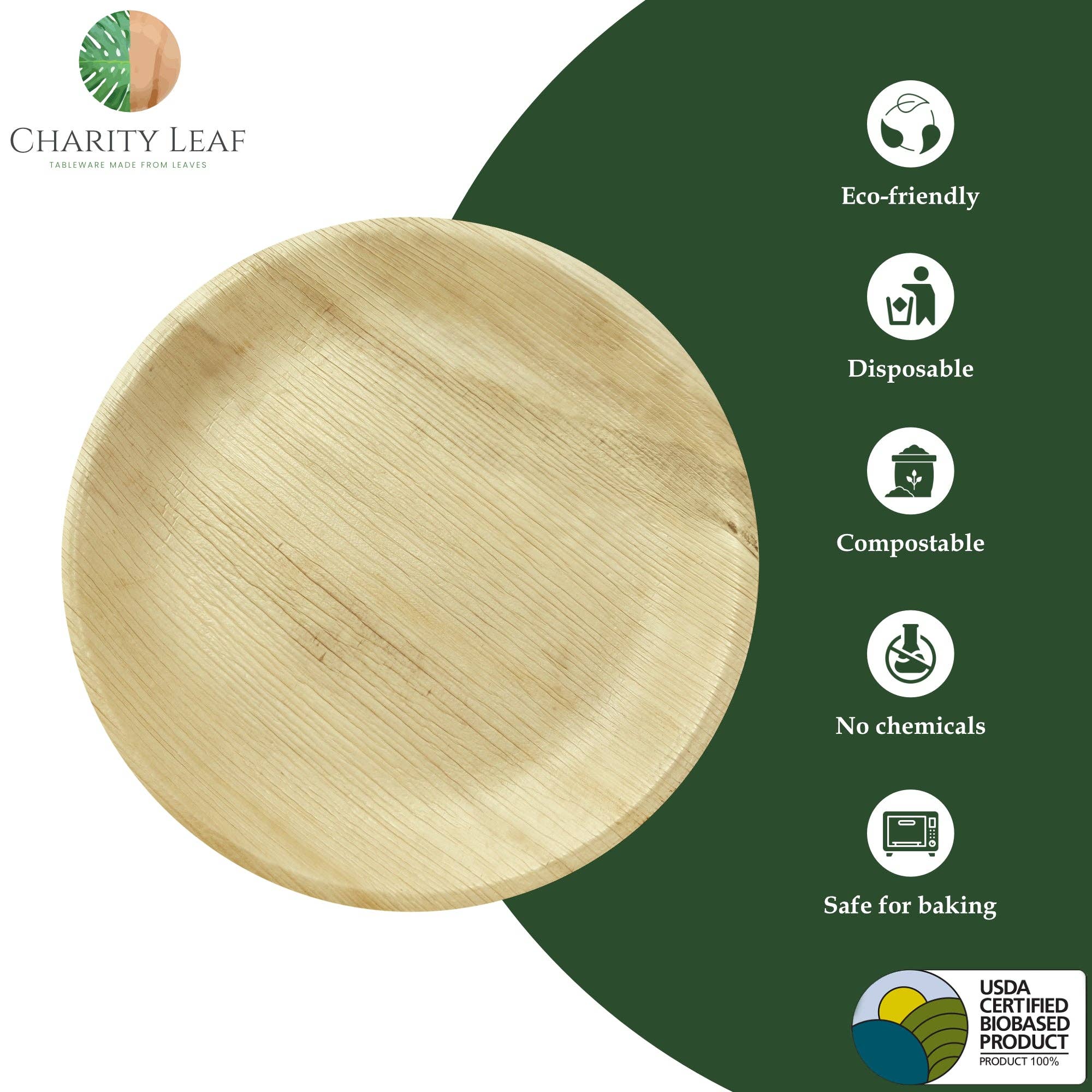 Charity Leaf - Wholesale Disposable Plate - Palm Leaf Round Plate - 10" Inch - Pack of 50 Plates2