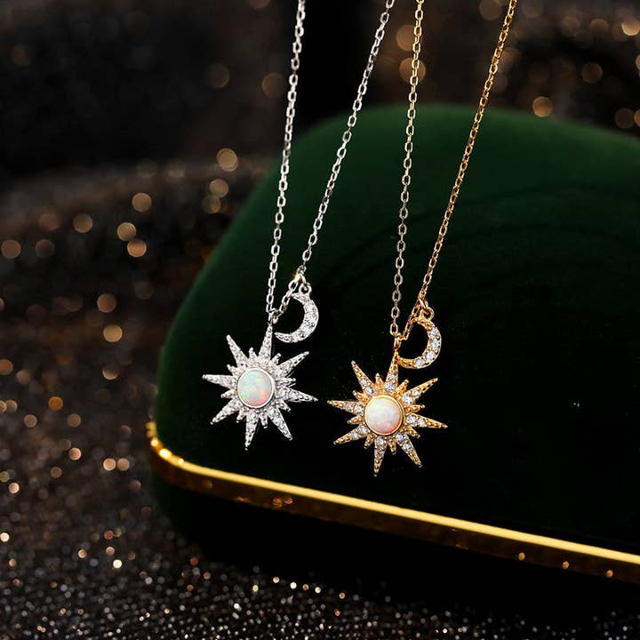 Opal Sun Moon Pendant Necklace in 925 Sterling Silver for wholesale by Perimade & Co. LLC